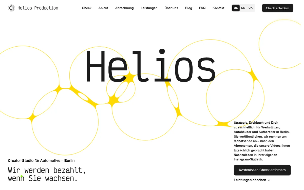 Helios Production, Landingpage mit Blog